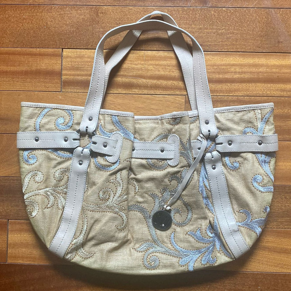 Stuart Weitzman Woven Fabric Leather Hobo Bag Cream Tan Sky Blue Tote Bag Charm - Picture 1 of 12